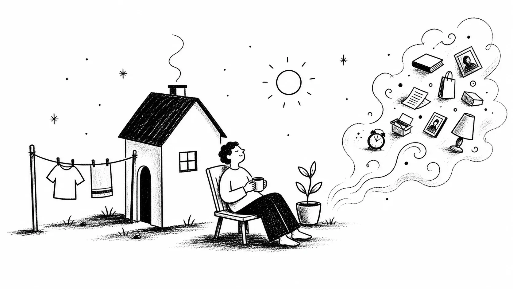 Editorial illustration for the article "Here is Why Simple Living is the Best" in Books, Ideas & Summaries.