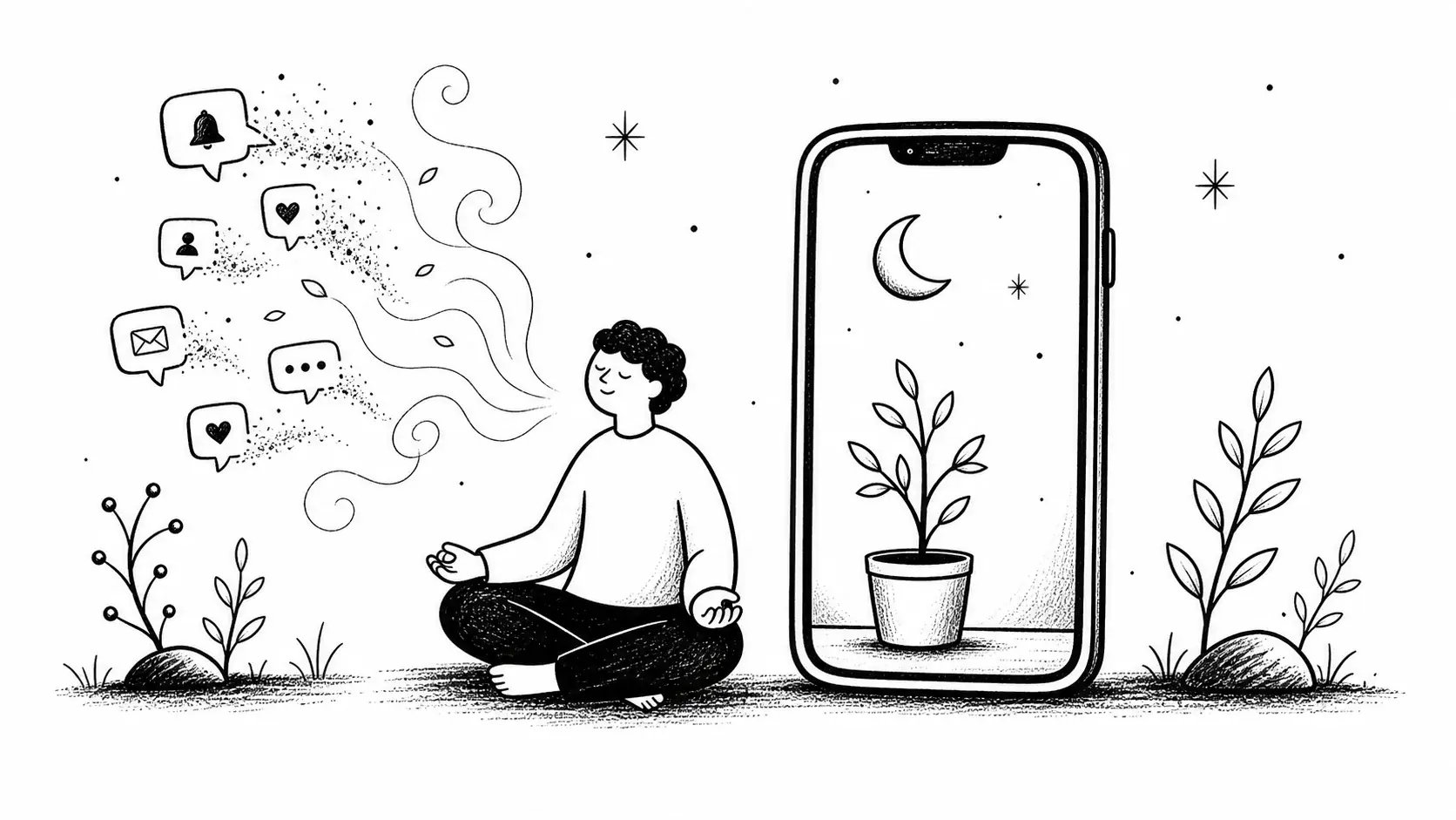 Editorial illustration for the article "How to Live Mindfully in a Digital World?" in Lifestyle, Travel & Personal Reflections.